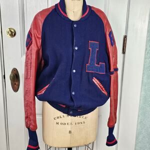 Men's jacket Lettermen's leather wool thrashed red blue 1980 Minuteman